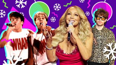 Graphic showing Wham!, Mariah Carey and Tom Grennan