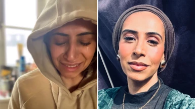 Split pic of 42-year-old Annika Waheed. On the left, Annika is wearing a white hoodie with the hood up. She has her eyes closed and her face is tear-stained.  On the right, she is wearing make-up and smiling at the camera. 