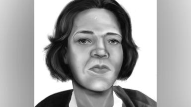 Interpol image showing the head and shoulders crop of a black and white sketch of Eva Maria Pommer, whose body was found on a Dutch beach in 2004