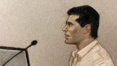 Court sketch of Daniel Khalife in court. The sketch shows him in a white shirt, from a side on view