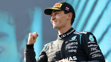 George Russell celebrates winning the Austrian Grand Prix 