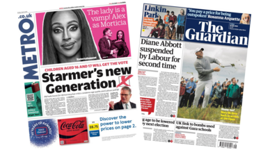 The front page of the Metro says "Starmer's new generation", and the Guardian features an image of Rory McElroy at the Open 2025.