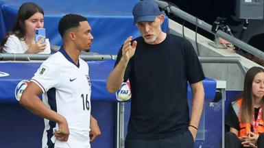 England head coach Thomas Tuchel speaks to Trent Alexander-Arnold on the touchline