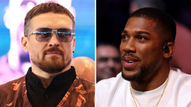 Oleksandr Usyk wearing sunglasses and and orange vest and Anthony Joshua wearing a white t-shirt