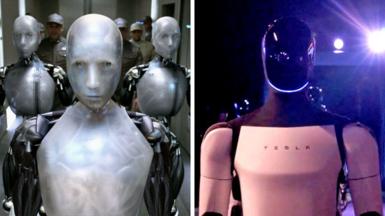 A composite image of a robot from the 2004 film irobot on the left, and Elon Musk's Tesla Robot on the right