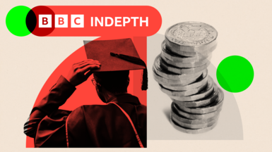 montage of a student in a university gown and hat and coins