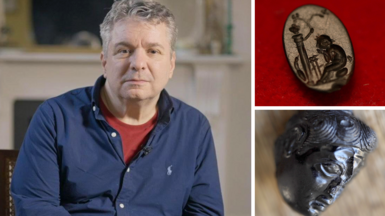 Dr Ittai Gradel in a split image also showing two gems suspected of being stolen from the Britsih museum