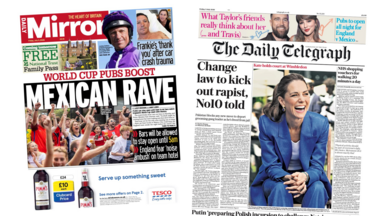 A composite image of the front pages of the Daily Mirror and the Daily Telegraph. "World Cup pubs boost" reads the headline of the former and "Kate holds court at Wimbledon" reads a photo caption on the latter.