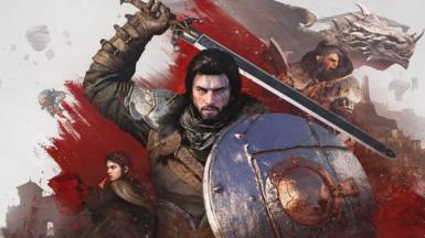 An artistic image shows Kliff, the hero of Crimson Desert, clad in a suit of leather armour, holding a large shield and heroically wielding a sword over his head. Behind him, a montage of secondary characters and a dragon appear amid an explosion of crimson paint.