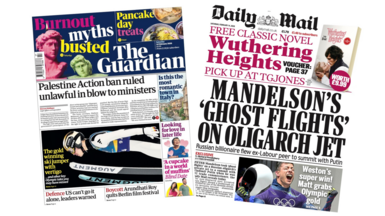 The headline on the front page of the Guardian reads: “Palestine Action ban ruled unlawful in blow to ministers”. The headline on the front page of the Mail reads: “Mandelson's 'ghost flights' on oligarch jet”.