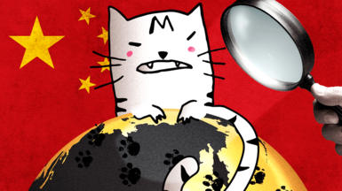 An illustration showing China on the hunt for the cartoon cat, which is peeking over a globe 