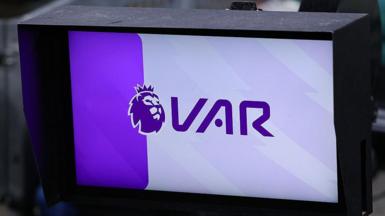 A VAR monitor is seen during the Premier League match between Manchester City and Fulham 