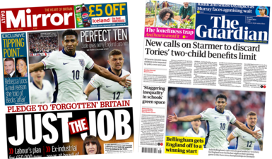 The headline on the front page of the Daily Mirror reads 'just the job' and the headline on the front page of the Guardian reads 'New calls on Starmer to discard Tories' two-child benefits limit'