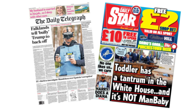 The headline on the front page of the Telegraph reads: “Falklands tell 'bully' Trump to back off”. The headline on the front page of the Star reads: “Toddler has a tantrum in the White House... and it's not ManBaby”.