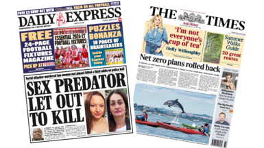 The headline on the front page of the Daily Express reads: “Sex predator let out to kill”. The headline on the front page of the Times reads: “Net Zero plans rolled back”.