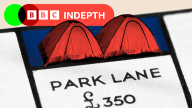 Montage image showing two tents sitting on Park Lane on a Monopoly board