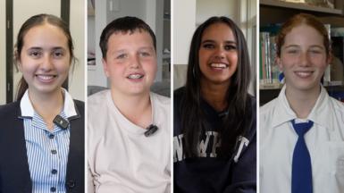 Split screen of four teenagers, three girls and one boy, all smiling down the camera
