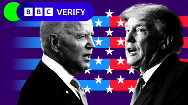 Composite image of Biden and Trump with a graphic of an American flag behind