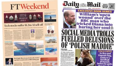 Newspaper headlines:' 'Tech stocks suffer' and 'Delusions of Polish Maddie'  