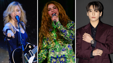 A split image of Madonna, Shakira and Jungkook of BTS