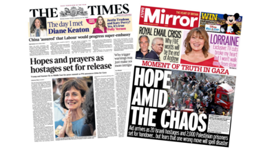 The headline of the Times reads "Hopes and prayers as hostages set for release". The headline of the Mirror reads "Hope amid the chaos". 