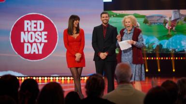 Davina McCall, Joel Dommett and Catherine Tate as her character Nan during the Comic Relief 2026 Red Nose Day show.