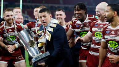 Wigan coach Matt Peet with the Super League trophy