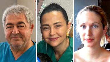 Three individual portrait photos placed side by side, showing two people in medical scrubs and one person in casual clothing, all facing the camera.