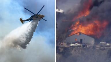 Left, a helicopter drops water on the fire. Right, a house ablaze.