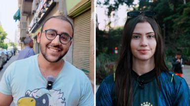 A splitscreen shows a man wearing glasses with a short beard on the left and woman with sunglasses on her head with long brown hair. Both are looking into the camera lens.