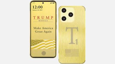 The front and back of the gold coloured Trump phone