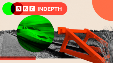 Montage image showing a futuristic train heading towards a barrier