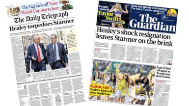 A composite image of the front pages of the Guardian and the Daily Telegraph on 12 June 2026