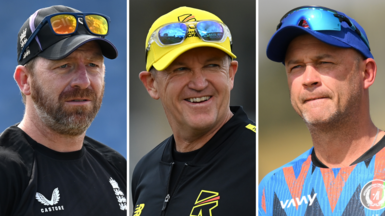 A split graphic of Richard Dawson (left), Andy Flower (centre) and Jonathan Trott (right), all wearing training shirts and with sunglasses resting above the brim of baseball caps