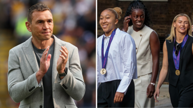 Split image of Kevin Sinfield applauding fans after speaking on the field at a Leeds Rhinos game in May 2025, plus Lauren James, Michelle Agyemang and Chloe Kelly arrive for a reception after England win Euro 2025