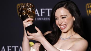 Mikey Madison poses in the press room after winning the Best Actress award for 'Anora' during the BAFTA Film Awards at the Royal Festival Hall in London, Britain, 16 February 2025