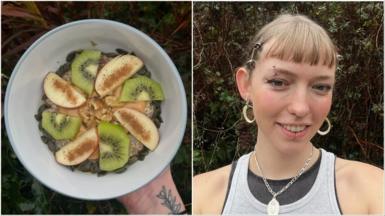 Composite image: One of a hand holding a bowl of porridge topped with seeds, apple and kiwi, the other of a woman with various piercings and a short fringe, smiling