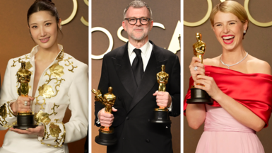 A composite image of EJAE, Paul Thomas Anderson and Jessie Buckley