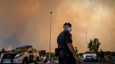 A Spanish Civil Guard officer wears a protective mask as smoke from a wildfire obscures the sky in Cenicientos, Madrid