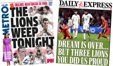 The headline in the Metro reads, "The lions weep tonight", while the headline in the Express reads, "Dream is over... but three lions you did us proud". 