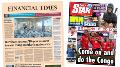 A composite image of the front pages of the Financial Times and the Daily Star. "Burnham sets out '10-year mission' to raise living standards nationwide" reads the headline of the former and "Princess in peaks condition" reads a headline of the latter