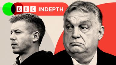 Peter Magyar on the left and Viktor Orban on the right. The logo above them reads 'BBC InDepth'