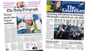 A composite image of the front pages of the Daily Telegraph and the Guardian. "Terror probe into school stabbing" reads the headline of the former and "Streeting still intent on deposing PM despite united front, say allies" reads the headline of the latter.