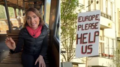 The BBC's Europe Editor Katya Adler in a split screen with a sign that says "EUROPE, PLEASE HELP US".