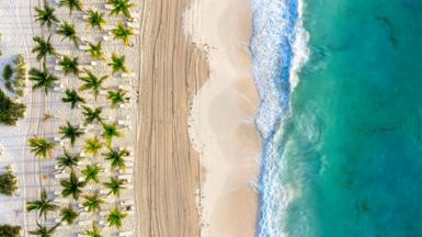 A beach in Cancun. The picture shows white sand, palm trees and an aqua sea with waves breaking on the shore