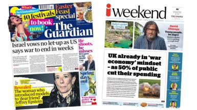 Newspaper headlines: 'US says war to end in weeks' and 'public cut spending'