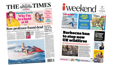 A composite image of the Times and The i Paper. "Row professor found dead" reads the headline of the former and "barbecue ban to stop new UK wildfires" reads the headline on the latter.