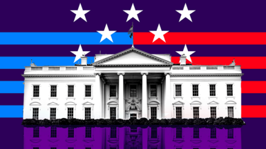 White House in front of red and blue stripes with stars