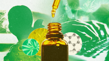 Designed pic with a small medicine bottle, with a pipette dropping liquid back into it. In the background are silhouettes of someone typing on a keyboard and a child's head. There are also circles showing a chemical element, a cannabis leaf and some oil. 