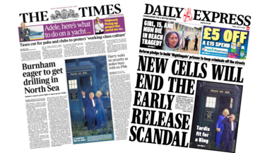 The headline on the front page of the Times reads: “Burnham eager to get drilling in ”. The headline on the front page of the Daily Express reads: “New cells will end the early release scandal”.